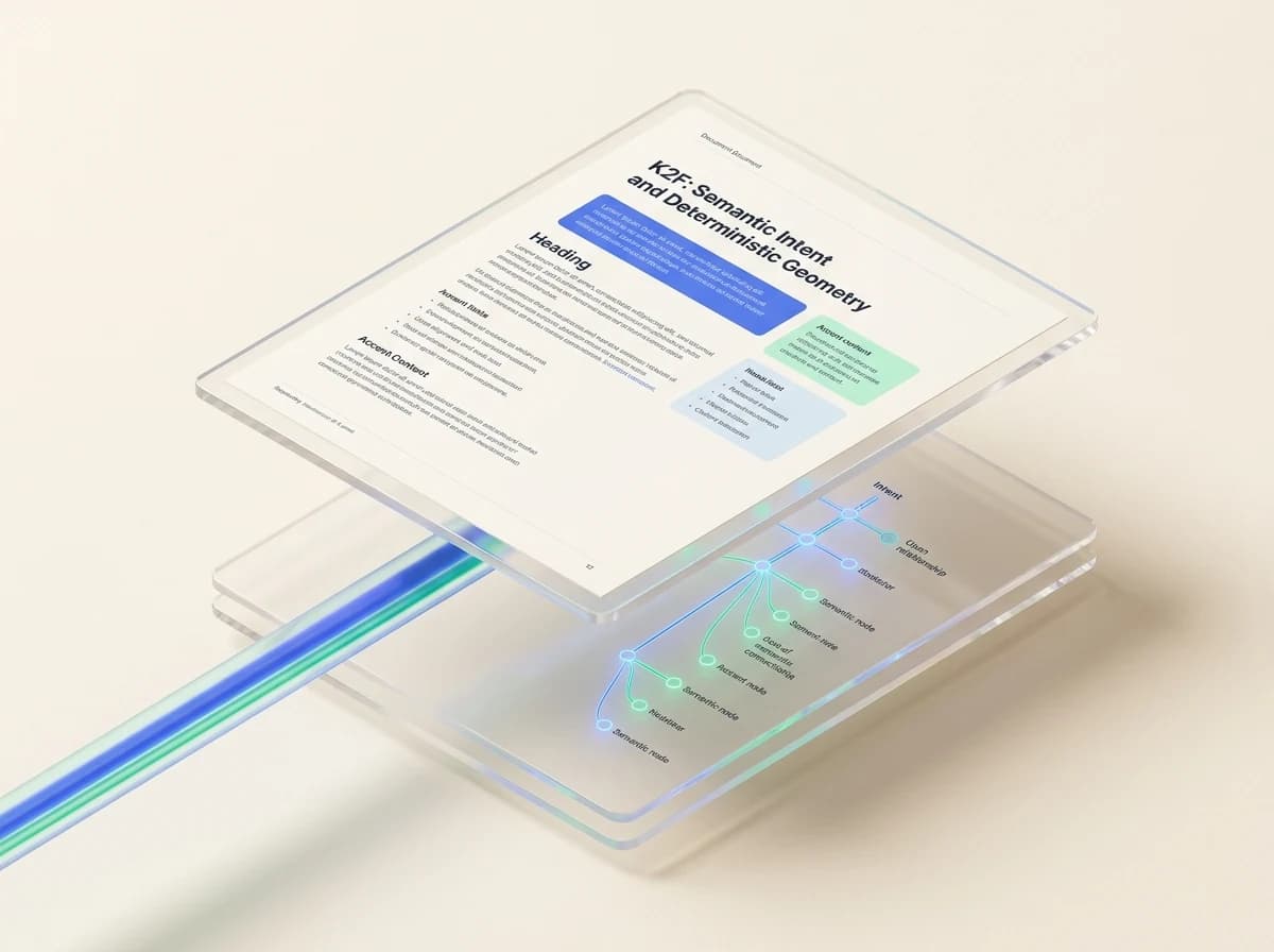 K2F format illustration: Layered architecture separating a luminous semantic tree from a deterministically rendered document page with fluid AI editing