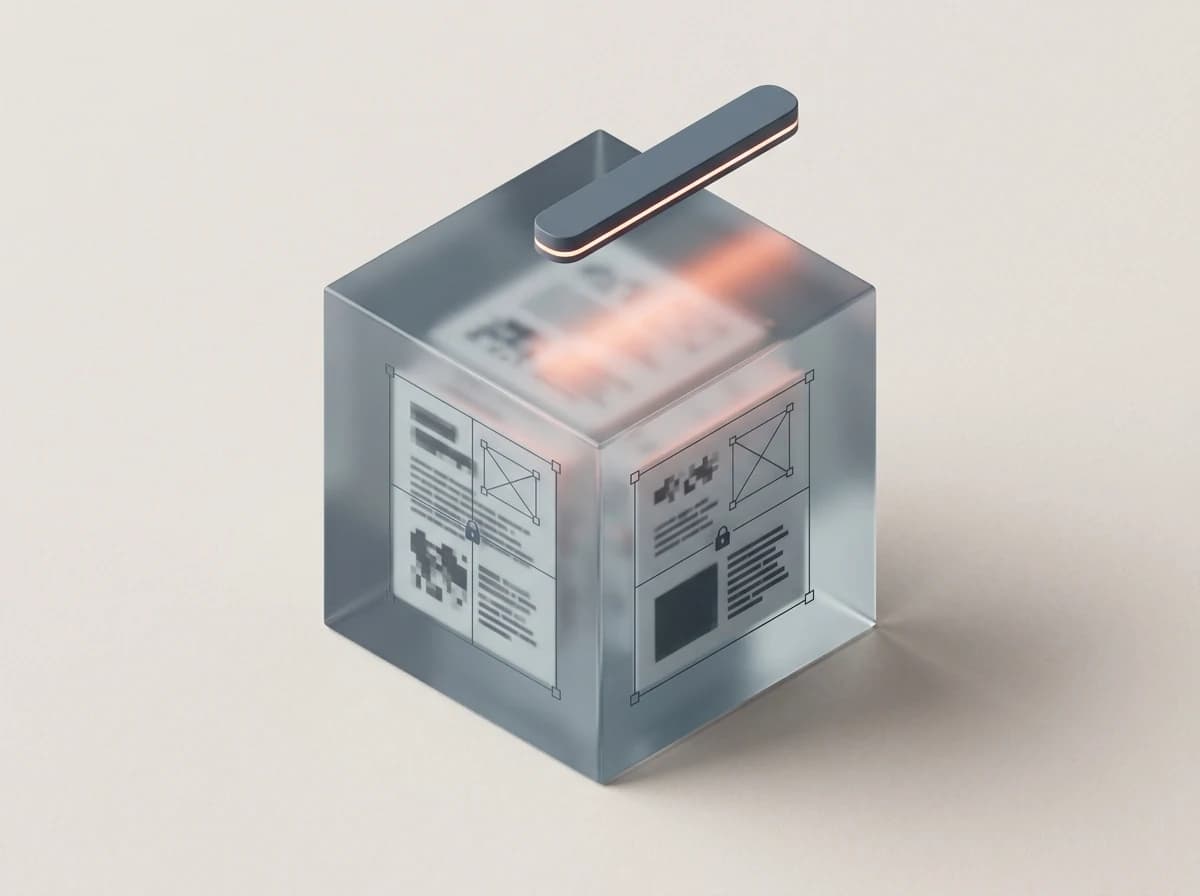 Traditional PDF illustration: Document content trapped in rigid pixels, locked bounding boxes, and an opaque glass block reflecting AI scanner beams